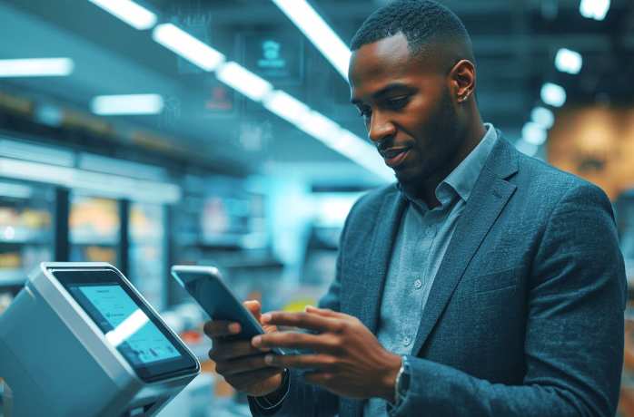 black man paying digitally at store holding smartphone