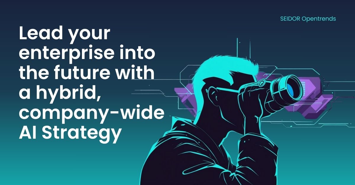 A minimalist, neon-blue head silhouette clutching advanced binoculars, staring into a deep, starry expanse filled with glowing AI algorithms, framed by a dark, modern cyberpunk aesthetic