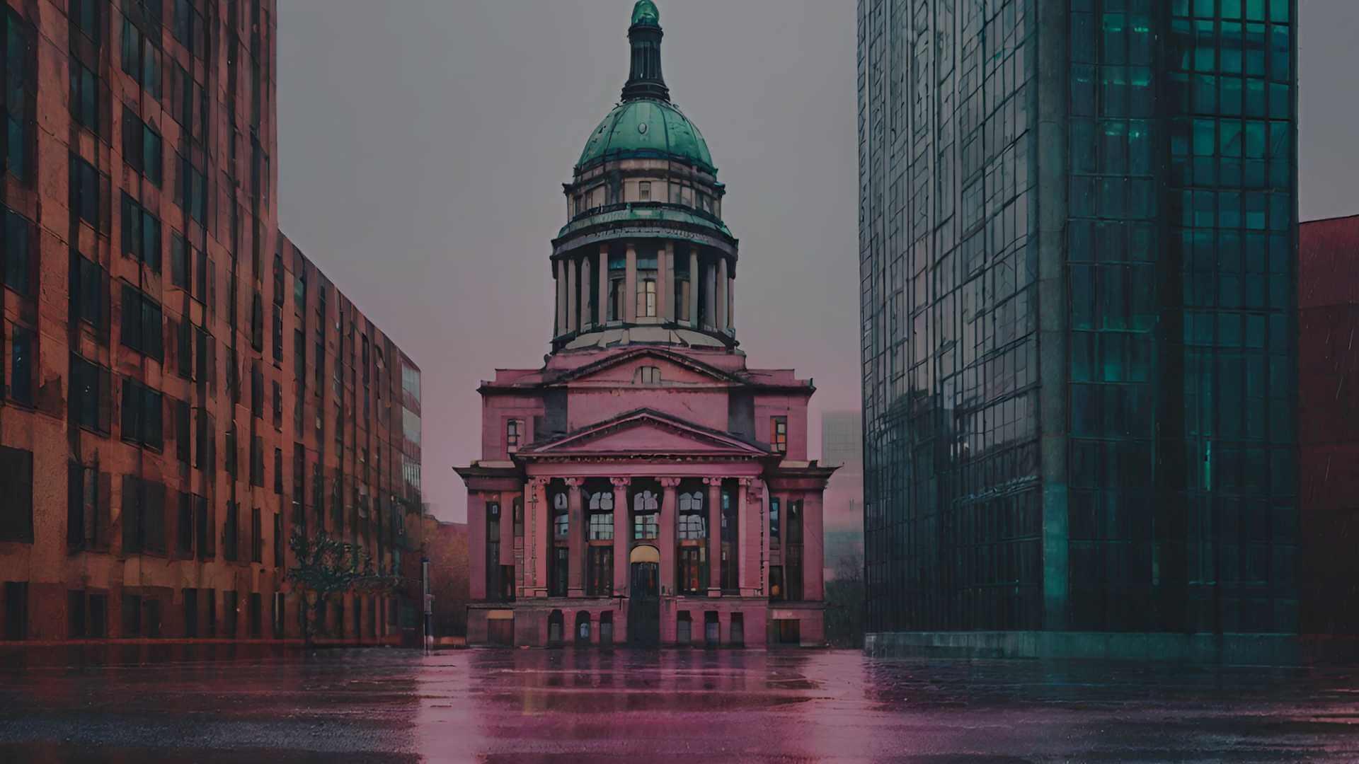 old banking building with neon lights on