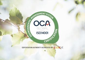 ISO 14001 logo on a green leaves background