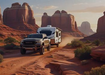 An off-road truck towing an RV through a rugged dirt trail in Moab, Utah — dramatic red rock arches and mesas, dusty desert atmosphere, warm golden sunlight, cinematic action shot