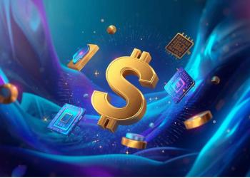 A digital image showing 3D rendered dollar sign, NFTs, AI chips and more floating over a multicolored blue hues background