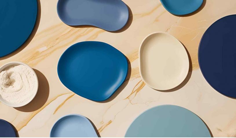 Flatlay of blue hues and cream colors