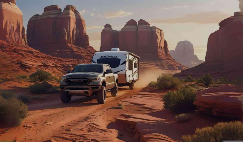 An off-road truck towing an RV through a rugged dirt trail in Moab, Utah — dramatic red rock arches and mesas, dusty desert atmosphere