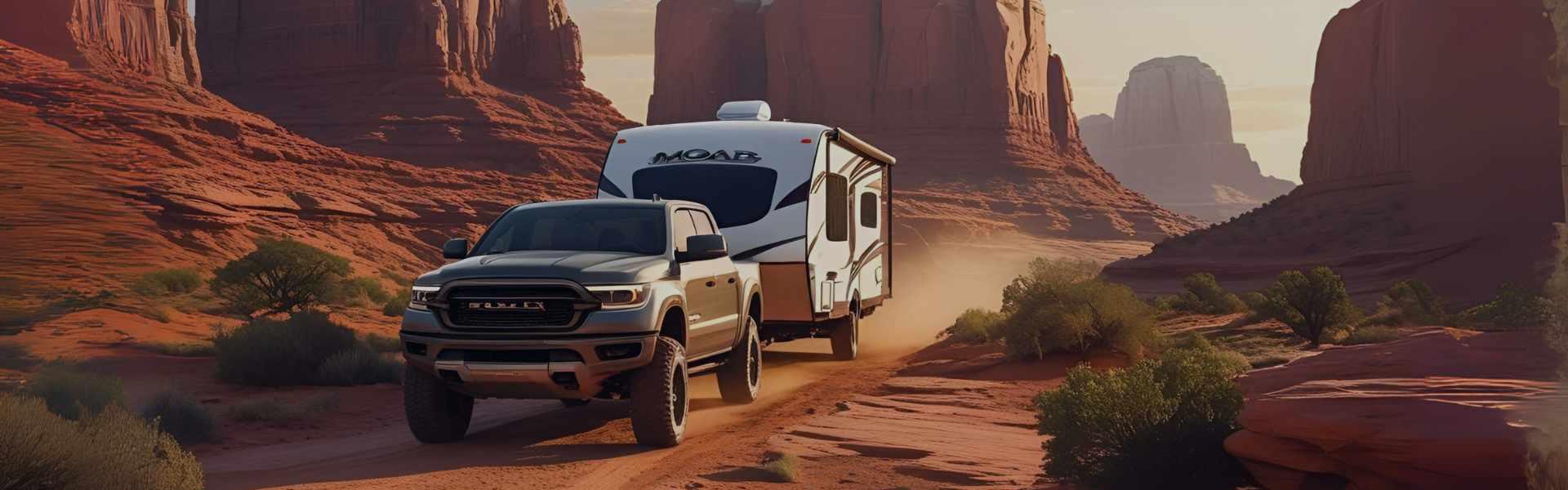An off-road truck towing an RV through a rugged dirt trail in Moab, Utah — dramatic red rock arches and mesas, dusty desert atmosphere, warm golden sunlight, cinematic action shot, highly detailed realism