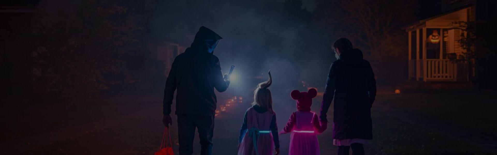 A family trick-or-treating in a suburban U.S. neighborhood at night, the kids wearing glowing LED costumes. Parents check directions on their phone while jack-o’-lanterns flicker on porches, with eerie fog rolling through the street