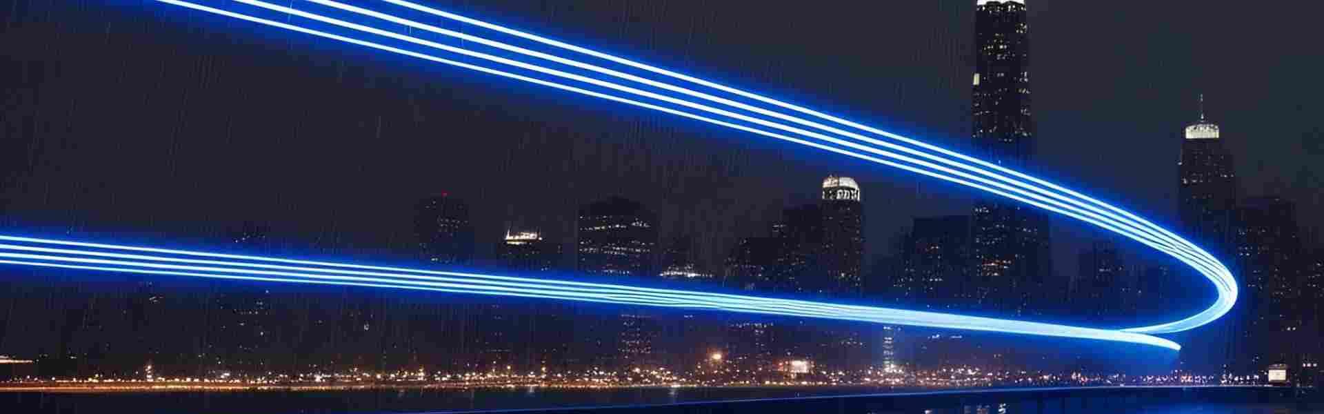 A blue neon curvy lines beaming against the city lights in the rain