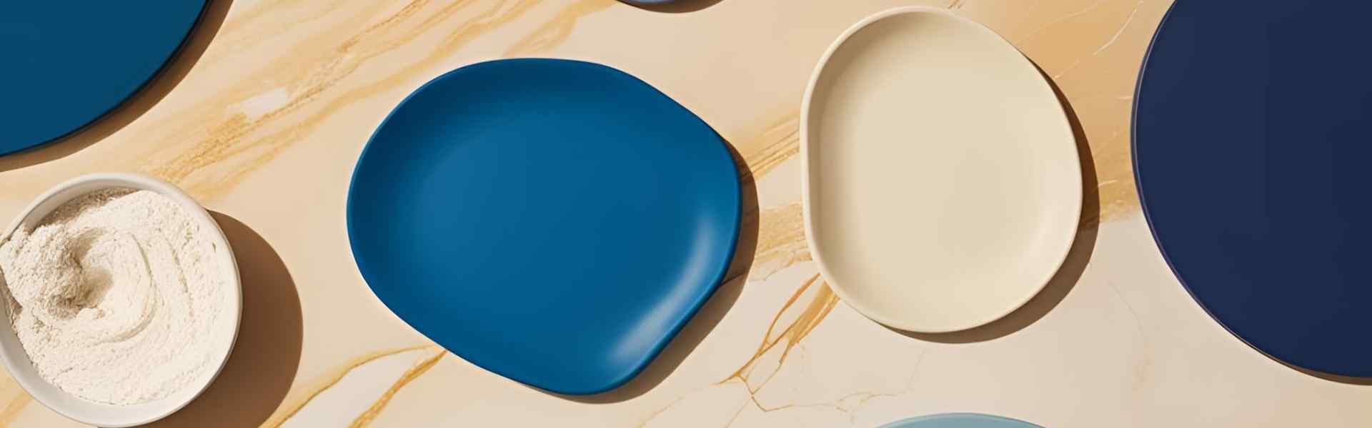 Flatlay of blue hues and cream marble background