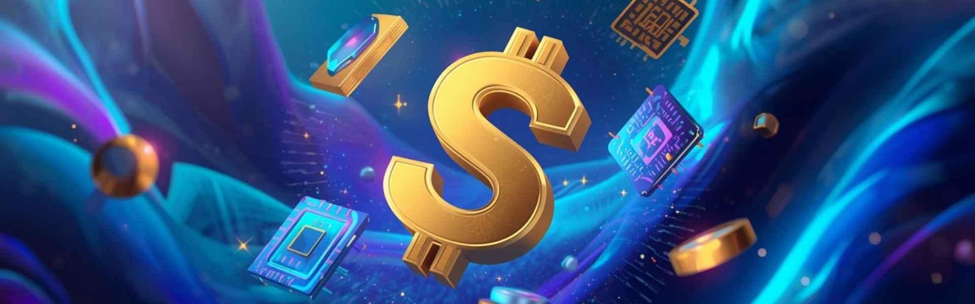 A digital image showing 3D rendered dollar sign, NFTs, AI chips and more floating