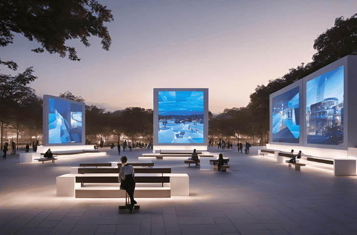 A public square designed for community interaction, filled with digital screens displaying local events in blue hues, surrounded by modern benches and art installations under soft white lighting.