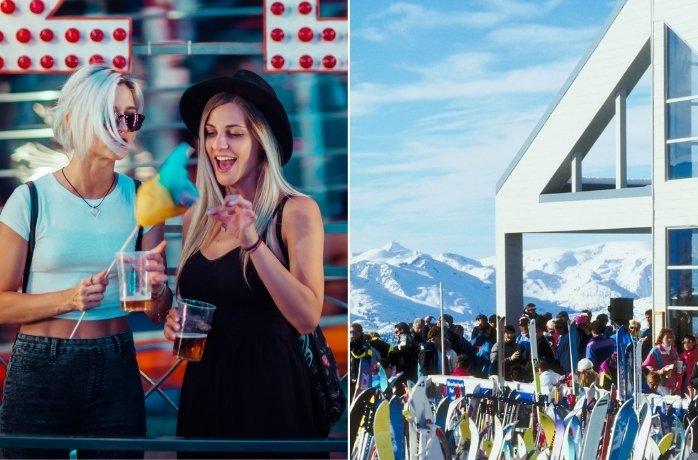 friends eating in an amusement park and friends at a winter ski resort bar