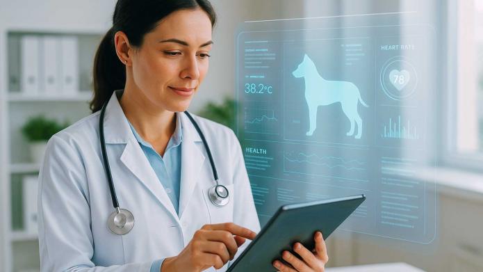 Veterinarian using a tablet with an advanced diagnostic interface in a bright clinic