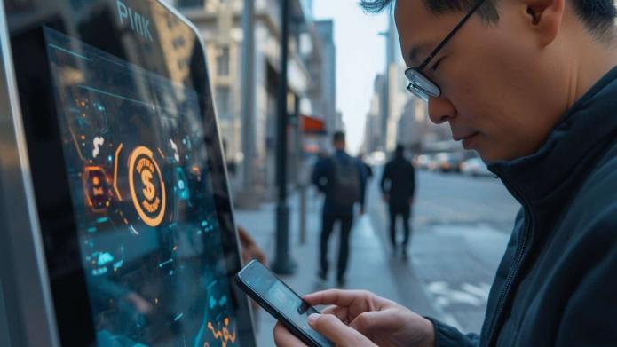 Close-up of middle-aged man tapping phone at a digital kiosk with augmented reality payment interface, urban street setting in North America, daylight, realistic textures, futuristic fintech UI elements, high-tech atmosphere